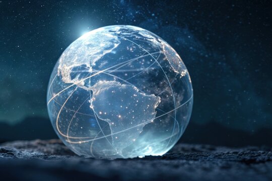 A glowing, digital globe illuminated by network lines, representing global connectivity in a cosmic backdrop.