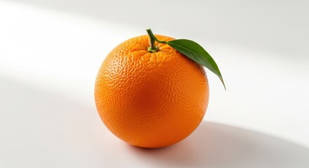 A single vibrant orange fruit with a green leaf on its stem, placed on a clean white background with subtle shadows.