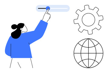 Person moving slider, gear symbolizing system settings, globe representing global reach. Ideal for tech, innovation, customization, user experience, globalization AI education. Simple flat metaphor
