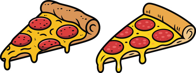 Cartoon illustration of two hot cheesy pepperoni pizza slices with melted cheese, dripping toppings, delicious fast food artwork
