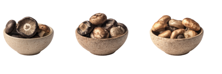 Three rustic bowls filled with different varieties of mushrooms, arranged horizontally