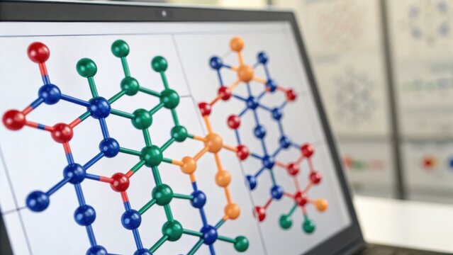 A close-up of a computer screen displaying colorful molecular structures, indicating a focus on chemistry or molecular biology.