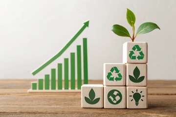 A visual representation of growth and sustainability, featuring growth charts and eco-friendly symbols on wooden blocks.