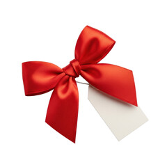 Fototapeta premium Vibrant red satin ribbon, perfect symmetrical bow, small off-white cardstock gift tag, isolated on a transparent background with high-key studio lighting. Concept for luxury product packaging
