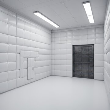An empty, sterile, white room designed for isolation and containment, featuring thick, padded walls and a heavy metal door ,secure, confinement, protection