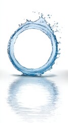 Abstract Blue Water Splash Ring Formed Mid Air With Realistic Reflection On White Surface