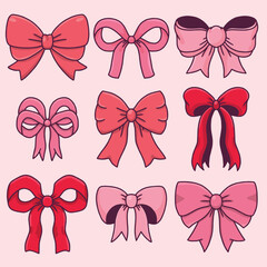 decorative ribbons and bows collection for gift decoration, valentines and festive design, handdrawn cartoon style