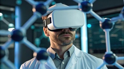 A man in a lab coat wears a virtual reality headset, exploring a molecular structure, blending technology with scientific research.