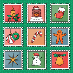 Christmas postage stamps in cute cartoon style with candle, bear, stocking, baubles, candy cane, gingerbread, star, snowman and bell, perfect for holiday design and decoration.