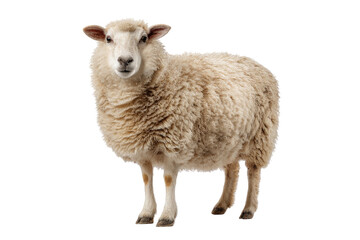 Fototapeta premium A fluffy sheep stands facing forward, showing its face and body against a transparent backdrop