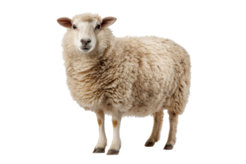 A fluffy sheep stands facing forward, showing its face and body against a transparent backdrop