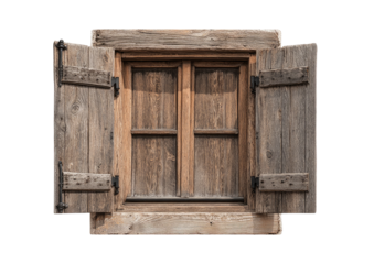 Weathered wooden window with open shutters against a black background