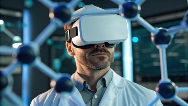 A man in a lab coat wears a virtual reality headset, exploring a molecular structure, blending technology with scientific research.