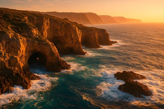 Golden Sunset over Coastal Cliffs and Sea Caves with Waves Crashing - Powered by Adobe