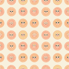 Geometric seamless pattern with folklore sun faces in boho and mystical style, ornamental and decorative design.