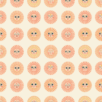 Geometric seamless pattern with folklore sun faces in boho and mystical style, ornamental and decorative design.