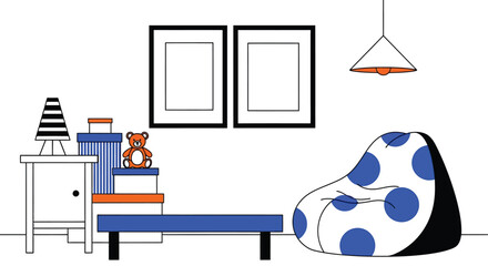 Charming kids room interior with teddy bear and playful beanbag chair