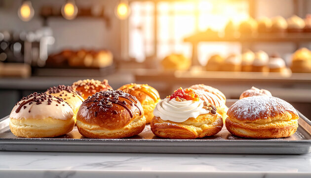 A tray of assorted, freshly baked pastries sits on a marble surface.