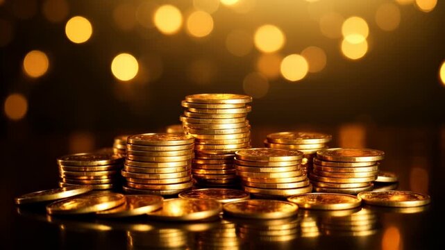 A close-up studio shot of a pile of shiny golden coins against a dark background with soft yellow bokeh lights. Represents wealth and finance.