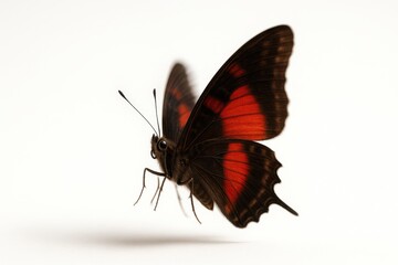 Charaxes lucretius butterfly side profile mid flight body sharp with soft motion at wing tips on pure white