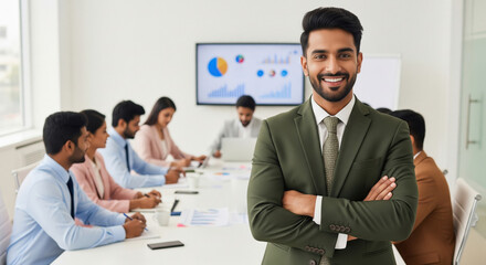 Confident Indian Businessman Leading Diverse Team in Office Meeting