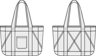 Tote bag flat sketch front and back view, fashion accessory design template, sewing illustration, apparel