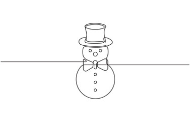Continuous one line drawing Happy Snowman in top hat, Single line art winter Christmas character Vector illustration.