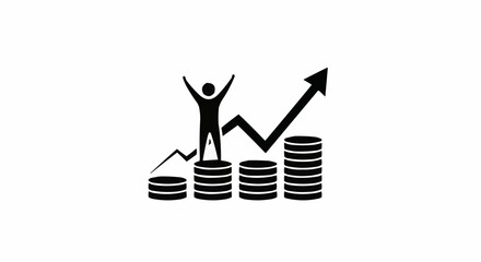 Man celebrating financial growth and success on stacked coins with upward trending graph.