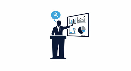 Businessman presenting data analysis on a large screen.