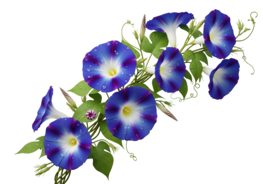 Meticulously arranged morning glory vine, deep purple-blue flowers, white centers, green leaves, dewdrops, sharp focus, soft studio light, transparent background. Concept of pristine natural beauty
