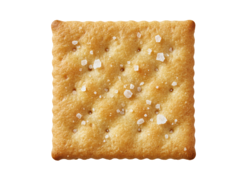 Salted cracker square biscuit golden snack crispy texture isolated white, tempting and crunchy