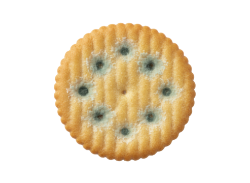 Moldy cracker fuzzy mold round biscuit food spoilage top view with concern