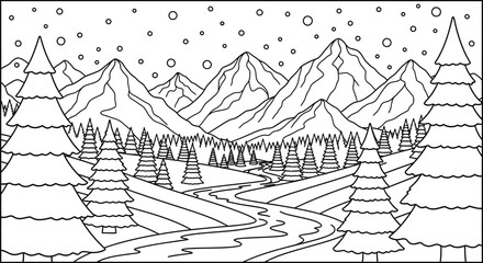 Relaxing winter mountain scene with pine trees and falling snow