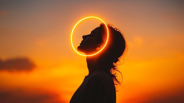 Silhouette of Contemplation: Silhouette of a person with the setting sun creating a halo-like glow above. The warm color and the feeling of solitude reflect deep contemplation and peace. - Powered by Adobe