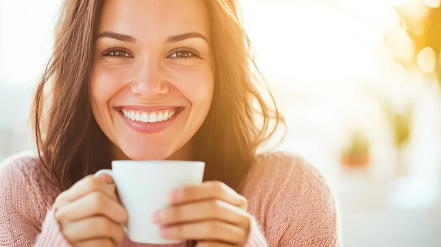 Morning Serenity: A radiant woman embraces the warmth of a morning beverage, her smile reflecting the joy and comfort of a tranquil moment.