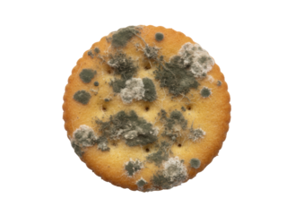 Moldy cracker, stale biscuit, fungus growth, spoiled snack, closeup alarming