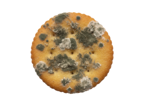 Moldy cracker, stale biscuit, fungus growth, spoiled snack, closeup alarming