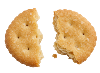 Crispy cracker round biscuit broken half salty texture golden brown snack