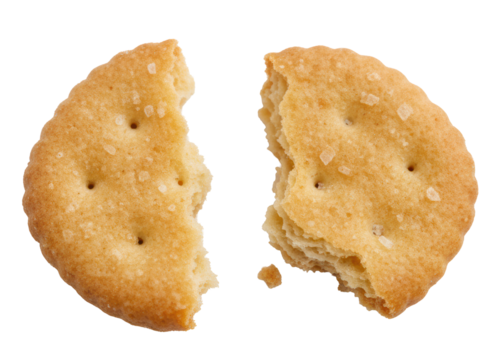 Crispy cracker round biscuit broken half salty texture golden brown snack