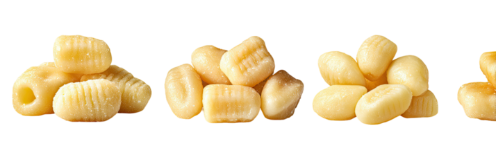 Several small piles of pasta dumplings with ridged and smooth surfaces. They appear light yellow