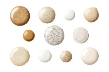 Close-up of eleven diverse circular droplets of varying light skin-tone shades against black