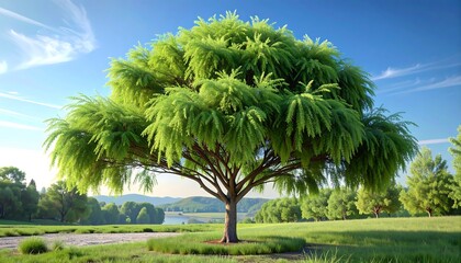 Lush Willow Tree in a Vibrant Green Meadow Landscape.
