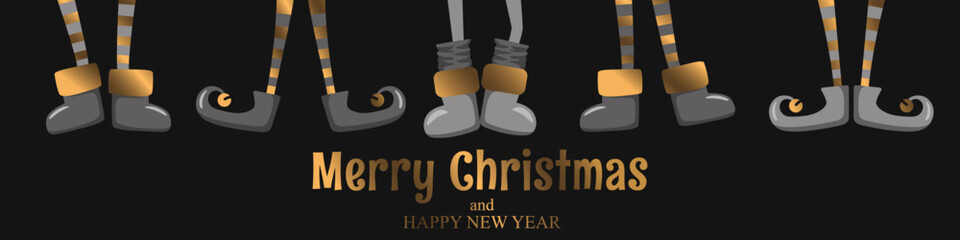 Naklejka premium Merry Christmas horizontal illustration with cute abstract elves legs in shoes and boots isolated on black background. Vector illustration template for greeting card print, poster, banner