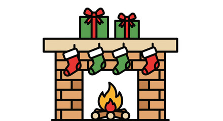 Festive Christmas fireplace scene with stockings and presents