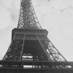 Abstract collage illustration of Eiffel tower against surreal spherical shapes sky background with copy space. Grunge and noise effect applied. Retro vintage style. Black and white image
