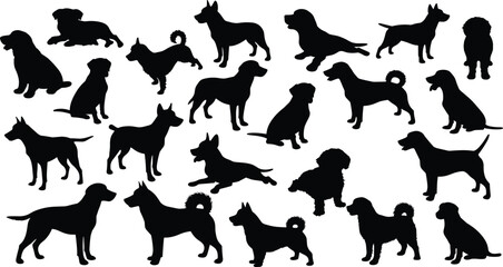 Collection of various dog silhouettes in different poses, domestic pet animals, vector illustration set of dogs, puppy shapes, canine design