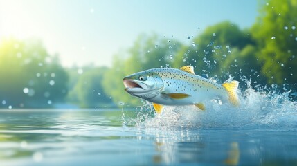 Salmon fish leaping and splashing in clear blue water under a bright sun, capturing the essence of nature's vibrant aquatic life