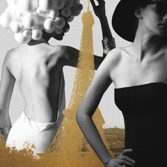 Abstract collage illustration of two women fashion portrait against golden Eiffel tower. One model with white other with black dress. Grunge, noise effect applied. Retro vintage style