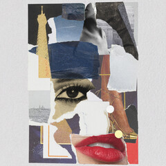 Abstract collage illustration of various colorful torn paper background with various images. Visible woman eye, lips, legs, Eiffel tower. Grunge, noise effect applied. Retro vintage style