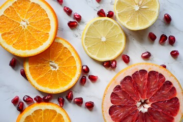 Citrus fruit slices with pomegranate seeds on a white marble surface, vibrant colors